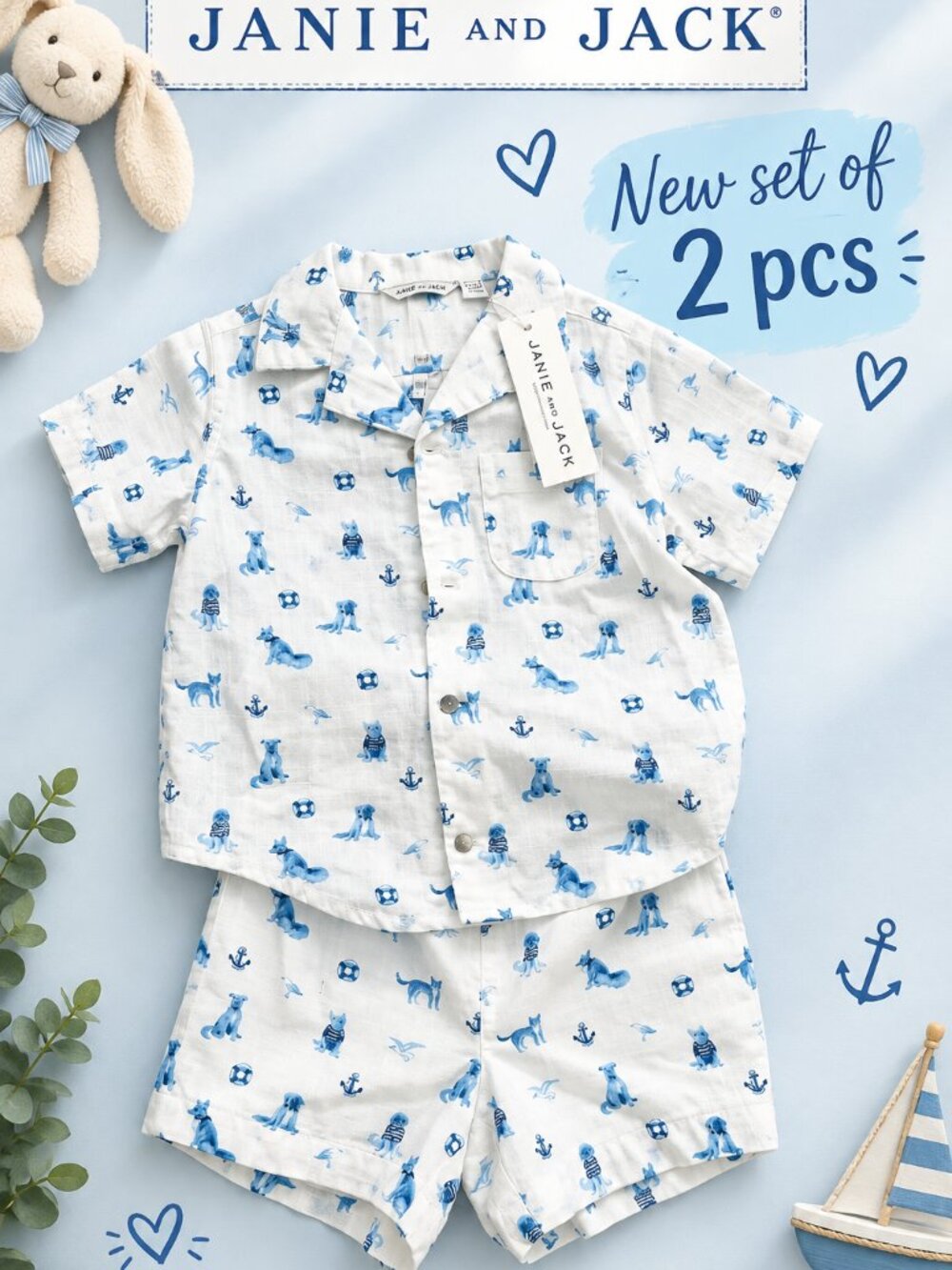 $59 NEW Janie and Jack French Bulldog Set Beach The Cabbana Short Shirt 18-24 m